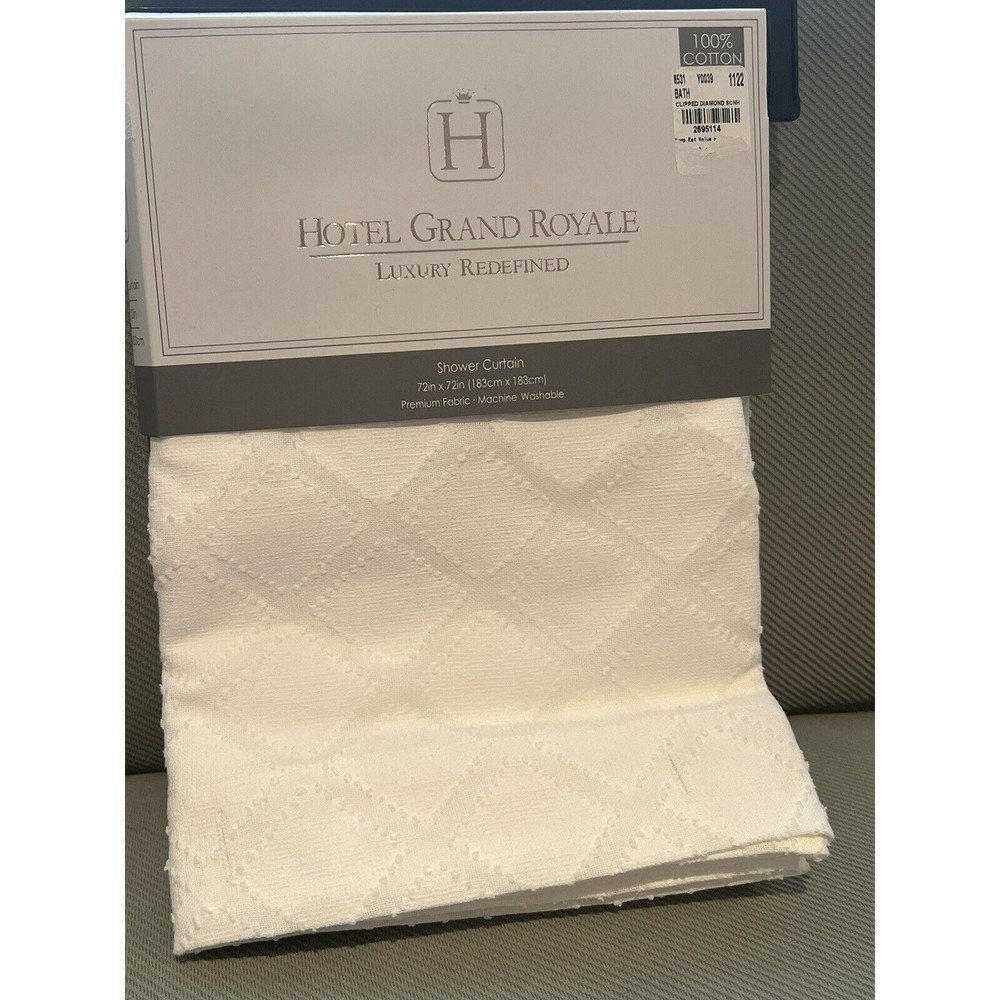 New Hotel Grand Royale Shower Curtain Clipped Diamond White Textured Fabric 72”